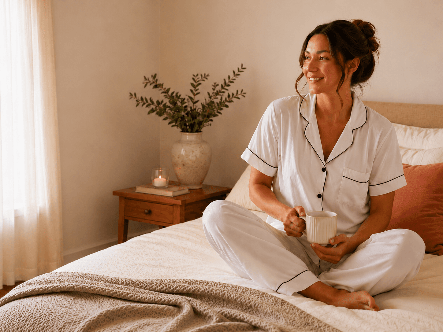 SoftConnection women's pyjamas – woman in white pyjamas sitting on a bed with a mug